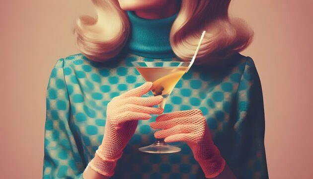 a vintage retro female hand holding a cocktail isolated on a plain background, 1960s and 70s style