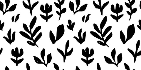 Abstract Black Leaf Seamless Pattern. Hand Drawn Simple Brush Foliage Background. Monochrome Rough Texture Leaves Pattern. Modern Botanical Ornament for Fabric, Textile Design. Floral Scribble Print