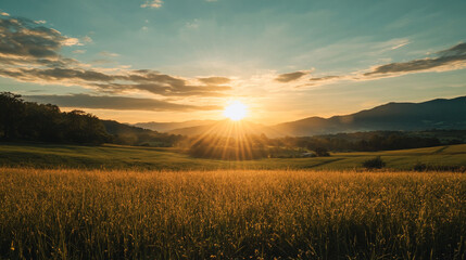 Obraz premium Scene of sunset on the field with young rye or wheat in the summer with a cloudy sky background. 