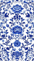 Elegant Delft Blue Seamless Pattern: Traditional Dutch Hand-Drawn Floral Design for Packaging, Invitations, and Home Decor. Timeless Blue and White Motifs Inspired by Cultural Heritage, Perfect for Gr