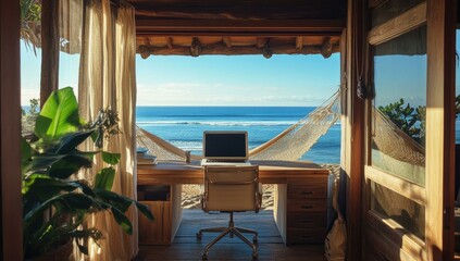 Fototapeta premium Beachfront workspace with laptop and hammock.