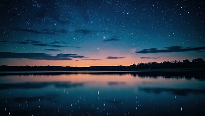 Starry night sky reflected in still lake.