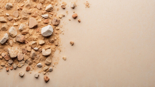 An arrangement of rocks and pebbles on a sandy background, showcasing varied textures, shapes, and a natural, earthy color palette.