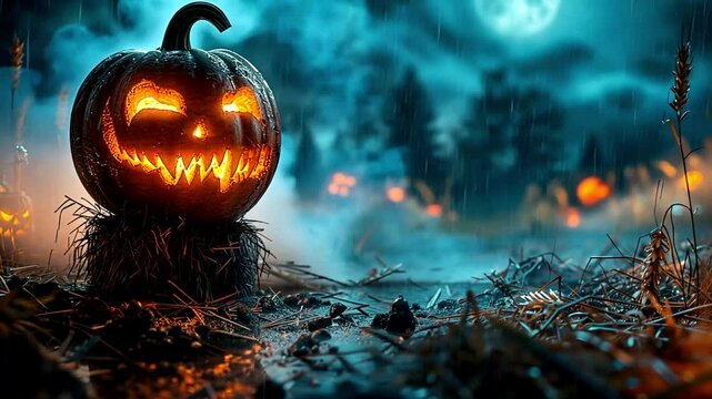 Jack-o-lantern scary spooky Halloween scene. Rainy day. Halloween pumpkin patch in the moonlight. Jack O Lantern party. Horizontal banner, Halloween night decorative with bat and moon background 31st 