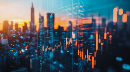 Abstract business team stands on the peak of success amid tall, innovative Smart city and graphs with statistics to analyze business potential and predict future developments in company growth.