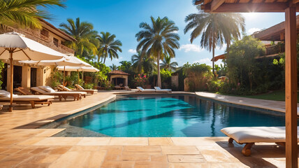 A serene pool in a tropical resort with shaded lounge chairs, making it perfect for a relaxing getaway under the sun.