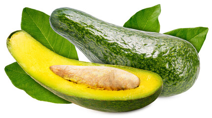 Fresh Avocados with leaf on white background, Fresh Long Neck Avocados isolate on white background with clipping path.