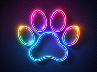 Vibrant neon paw prints glow on a dark canvas, futuristic and bold, capturing attention with their striking contrast and mesmerizing neon light effect.