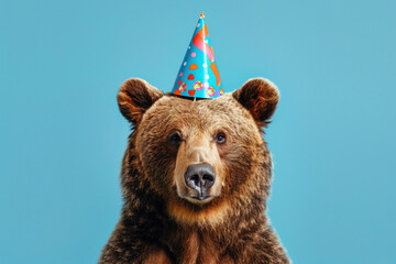 portrait brown bear in party hat on blue background. funny animal birthday celebration concept