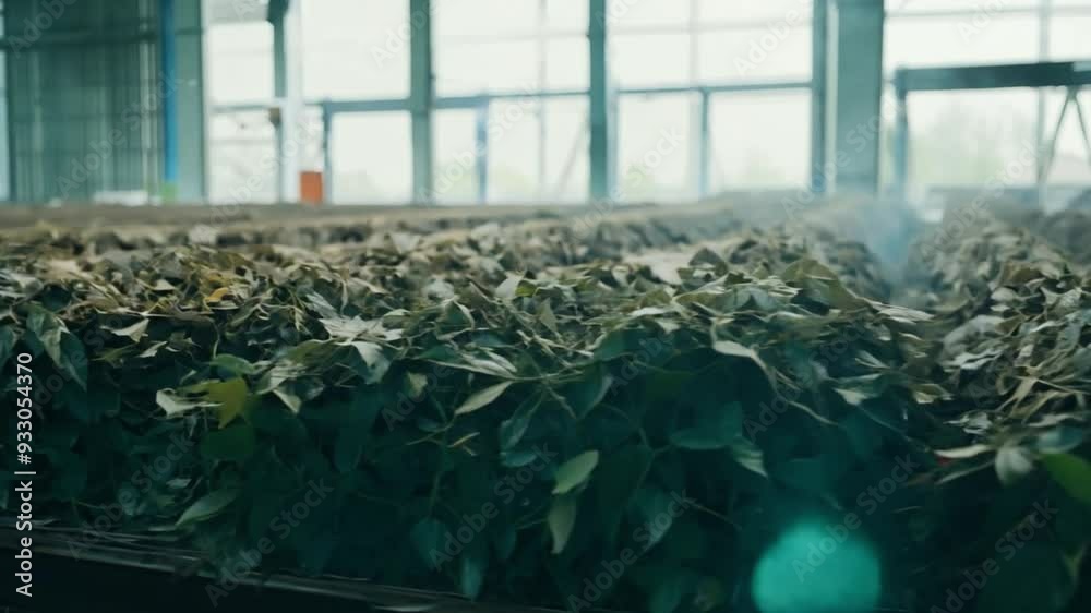 Poster the tea leaves are neatly arranged on tables in a bright greenhouse environment.
