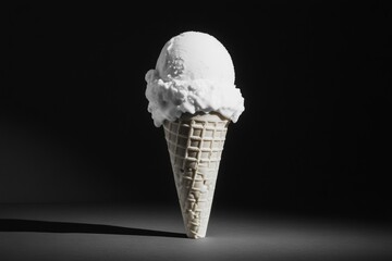 A monochrome image of a homemade ice cream cone, featuring exaggerated lighting and shadow effects that create a dramatic and artistic presentation.