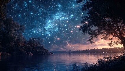 Starry night sky over a calm lake.