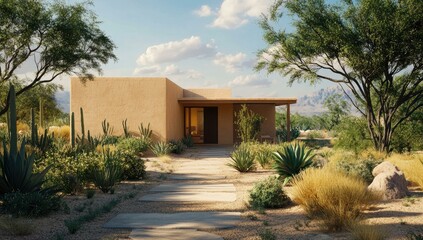 A desert home with a stone path and lush plants.
