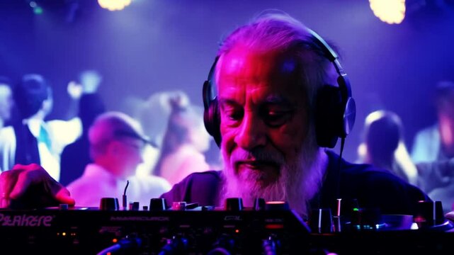 Elderly DJ performs at vibrant night club in downtown, showcasing deep house beats and lively crowd interaction at midnight