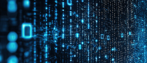 a dark blue background, tech, binary code, cybersecurity,