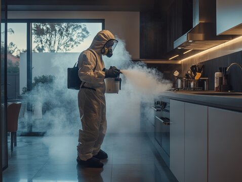 Professional pest control worker fumigating modern kitchen for thorough eradication