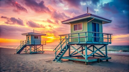 Vintage Pastel-Colored Lifeguard Towers at Dawn