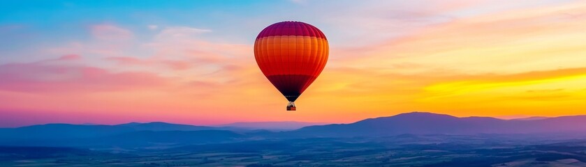 Naklejka premium Serene Sunrise: Hot Air Balloon Soaring Above Valley, Embracing Peaceful Beauty and Tranquility