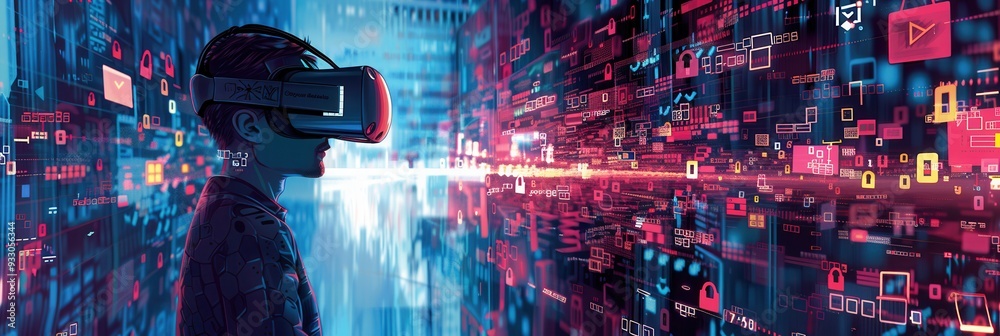 Poster a hacker explores a vivid virtual space, surrounded by digital locks and flowing codes, while fully 