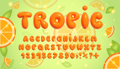 3d font inflatable in y2k steel. Bright orange, three dimensional, tropical bubble font, trending, fully vectorized