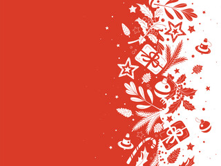 Horizontal banner with white and red Christmas symbols. Christmas gifts, decor and branches of plants and trees. Winter background with place for text.
