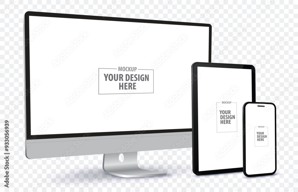 Poster desktop computer, tablet pc and mobile phone screen perspective view mockup. digital devices templat