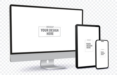 Desktop Computer, Tablet PC and Mobile Phone Screen Perspective View Mockup. Digital devices template vector illustration with transparent background.