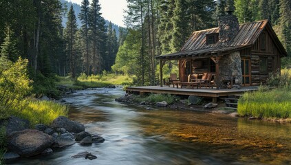 Wooden cabin by a flowing river in a forest. © Murda