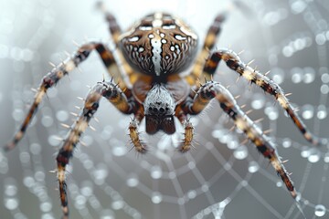 Fototapeta premium Close-up view of a spider with beautiful patterns navigating its intricate web adorned with water droplets.