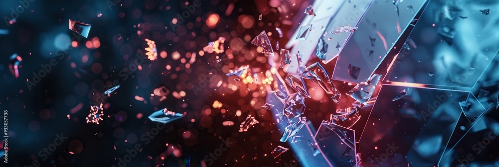 Poster A hacker breaches a digital shield, scattering fragments around in a dynamic representation of cybersecurity threats and challenges. Generative AI