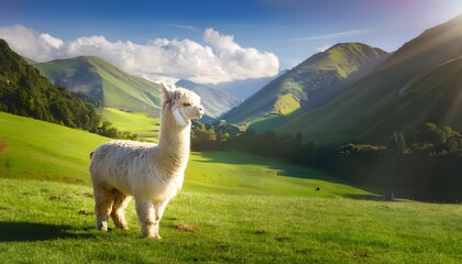 Fototapeta premium alpaca enjoying the scenic mountain terrain, surrounded by lush greenery and golden sunlight, perfect for wildlife and nature enthusiasts