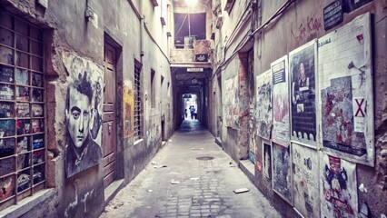 Fototapeta premium Narrow Urban Alleyway with Posters and a Portrait