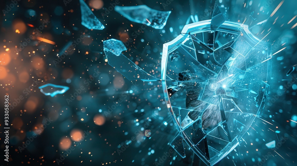 Aufkleber A hacker disrupts a digital shield, causing fragments to scatter, illustrating the threat to cybersecurity and the need for enhanced protection measures. Generative AI