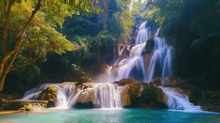 Serene Waterfall in Lush Forest