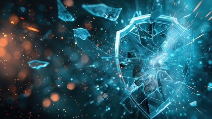 A hacker disrupts a digital shield, causing fragments to scatter, illustrating the threat to cybersecurity and the need for enhanced protection measures. Generative AI