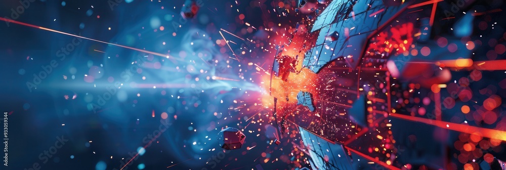 Aufkleber a hacker disrupts a digital shield, with colorful fragments scattering around, illustrating a cybers