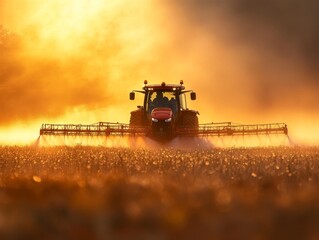 Fototapeta premium Summer agricultural scene tractor spraying pesticides on a field under the bright sun