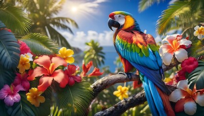 colorful scarlet macaw parrot in a tropical paradise, perched among blooming hibiscus flowers and lush palm leaves with a bright sunny sky in the background, perfect for travel and nature themes