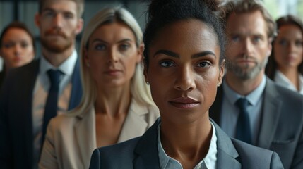 Fototapeta premium A confident woman leads a diverse group of professionals gathered in a modern office during a business meeting