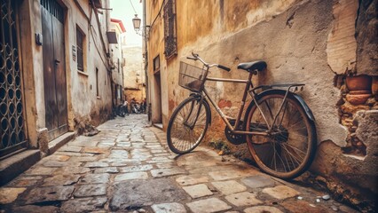 Vintage Bicycle Parked in a Narrow, Stone-Paved Alleyway