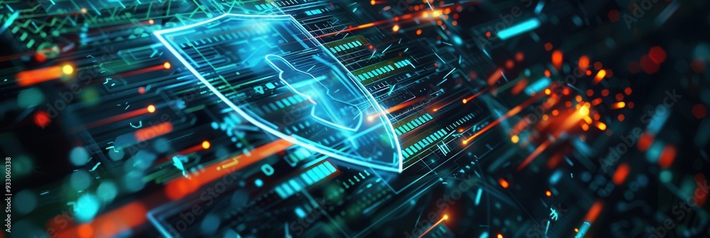Poster a hacker is successfully penetrating a digital shield, causing fragments to scatter in a dynamic cyb