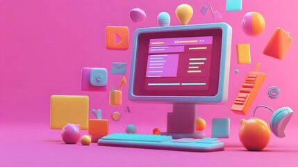 Abstract 3D Illustration Computer and Tech Icons Design for World Information Tech Day