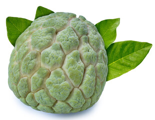 Custard apple with leaf a tropical fruit on white background, Fresh custard apple sweet fruit isolate on white with clipping path.