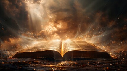 Obraz premium A high-resolution, symbolic image of an open book with rays of light streaming from above. Perfect for projects related to education, spirituality, and knowledge.