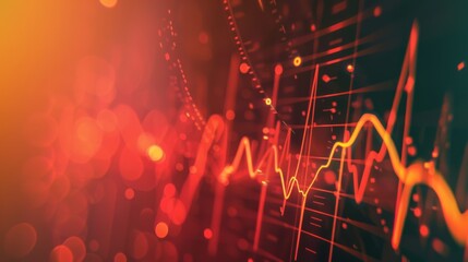 Dynamic patterns and lines in shades of red and orange convey the pulsating rhythms and energy of financial data on a glowing screen.