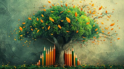 Fototapeta premium A whimsical clip art illustration of a tree with branches made of pencils and leaves made of paper. This creative and colorful image represents growth, learning, and the nurturing of creative ideas. 