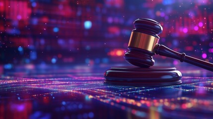 Wooden Gavel Resting on Its Base Against Vibrant Judicial Backdrop