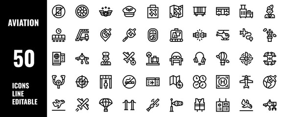 50 Aviation Icons Set Line Editable Vector Illustration
