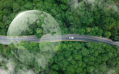 EV car, Electric car or hydrogen energy car on road midst forest and natural. Environmental...