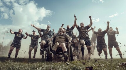 A group of rugby players, some in wheelchairs, celebrates victory with arms raised in joy, muddy and triumphant on a foggy field.